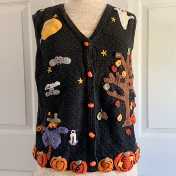 Karen Scott Sweaters - Karen Scott Halloween Fall Pumpkins Ghost Sweater Vest Hand Embroidered Cardigan